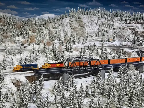 Güterzug auf der Brücke über den Winterwald
